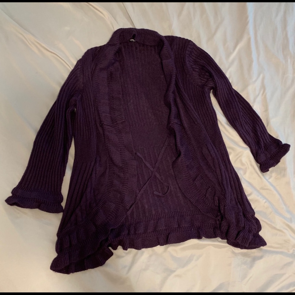 Long purple cardigan with detailed edges